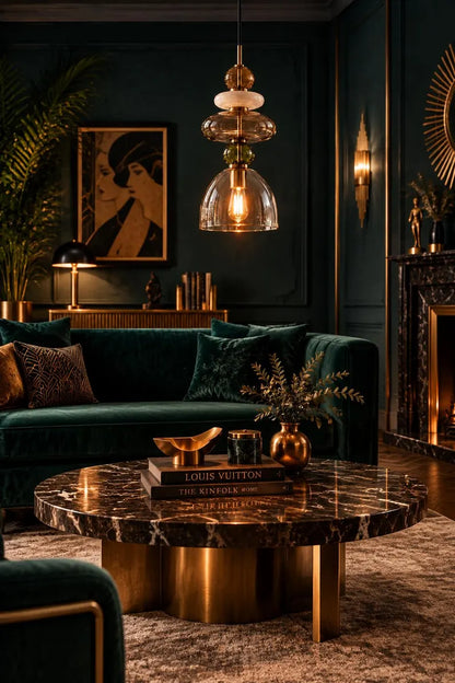 Handmade glass pendant light featuring amber, milky white, smoky grey and olive green glass elements, with brass accents and a clear champagne glass shade | Les Trois Pyramides