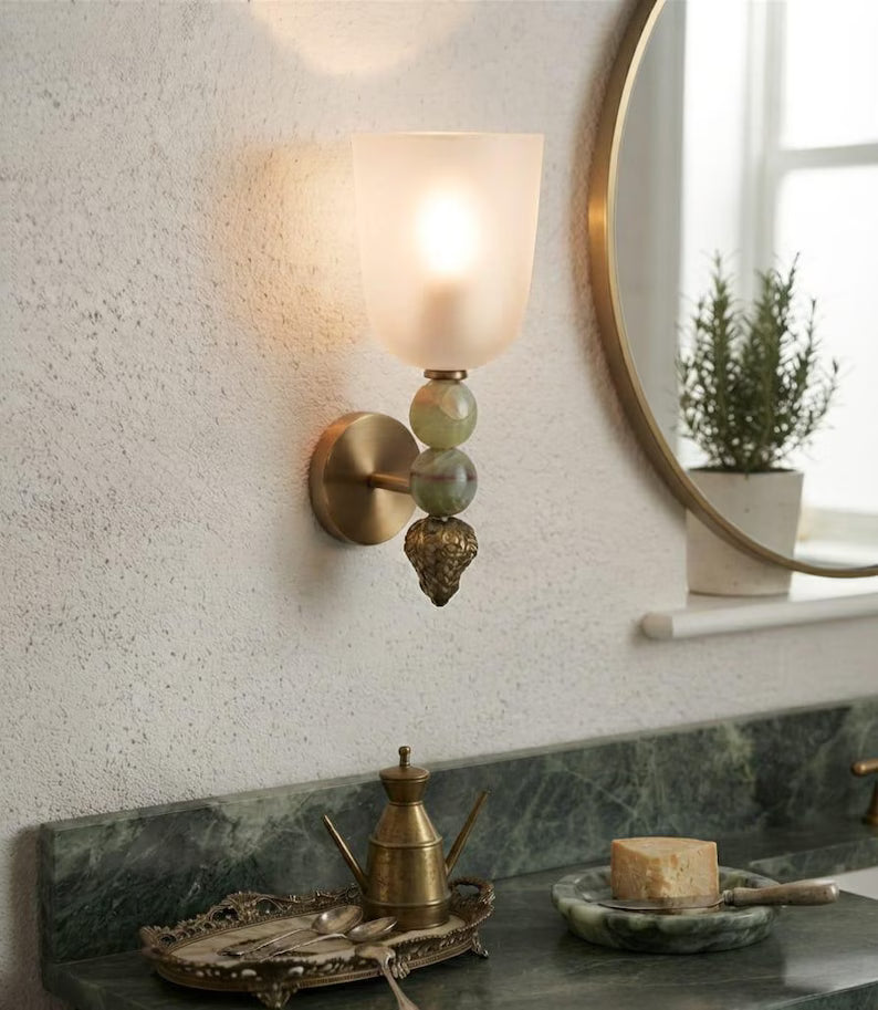 Onyx Stone Wall Sconce Set of 2 Frosted Glass | Handmade Mid Century Inspired Lighting
