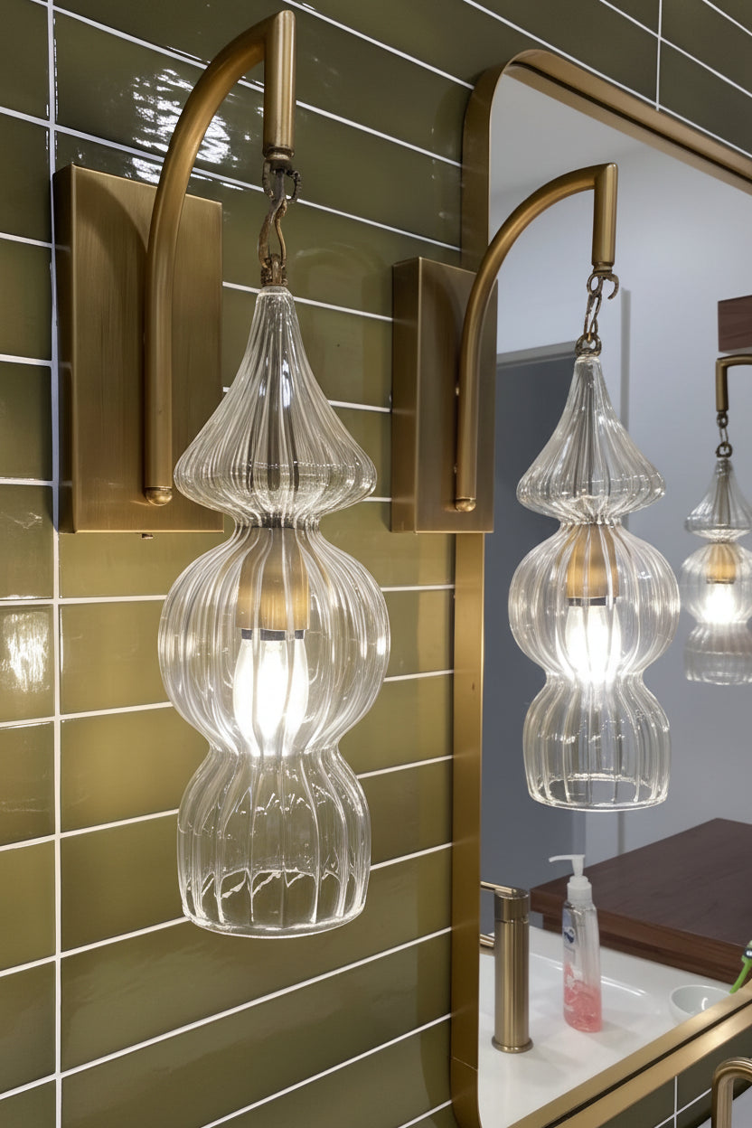 Handcrafted Ribbed Glass Wall Sconce | Brass Bathroom & Hallway Light