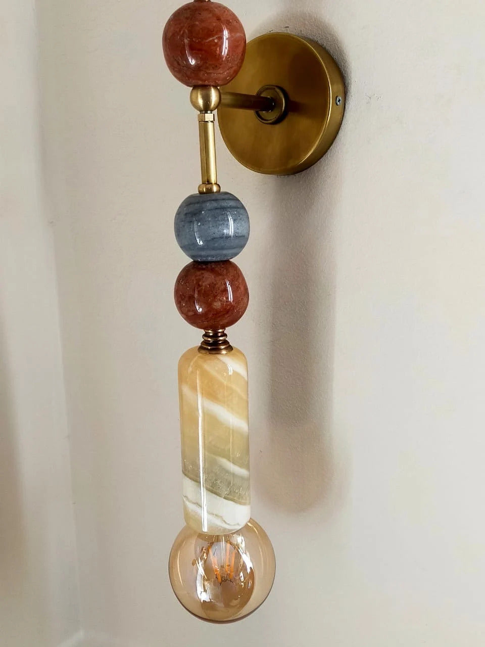 Set of Two Handmade Brass finish sconce lighting with Marble Gemstones