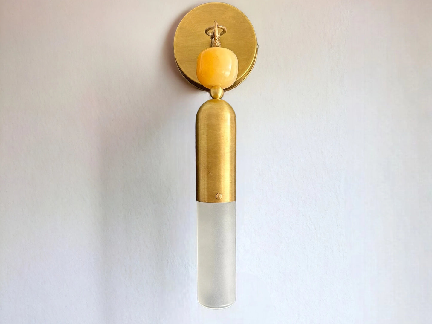 Les Trois Pyramides Gold Copper Base with Frosted Glass + Marble Gemstone handmade wall sconce