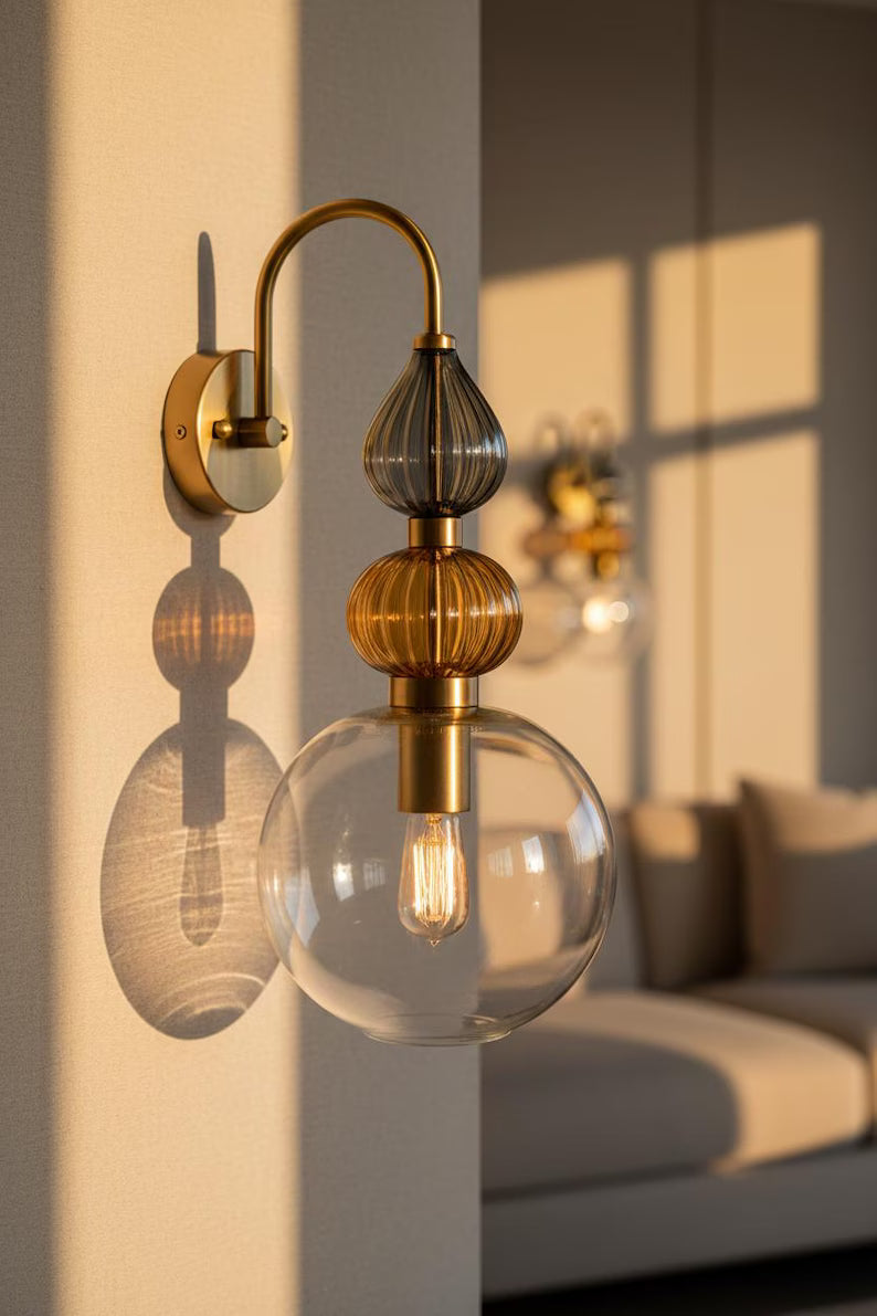 Brass Wall Sconce – Blown Glass Bathroom Vanity Light, Art Deco Bedside Wall Lamp, Indoor Wall Lighting | Les Trois Pyramides