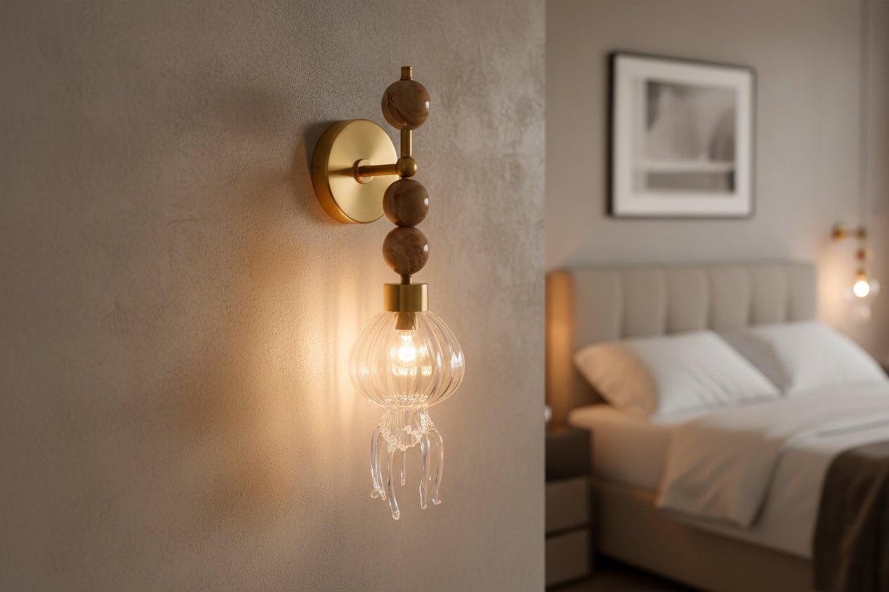 Jellyfish wall sconce with hand blown glass tentacles and onyx stone details