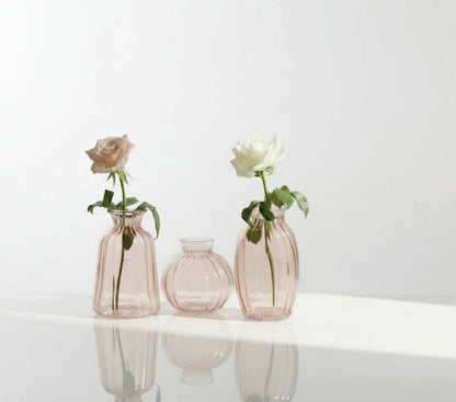 La Vie En Rose – Set of 3 Handmade Blown Glass Vases | Soft Pink Ribbed Bud Vases