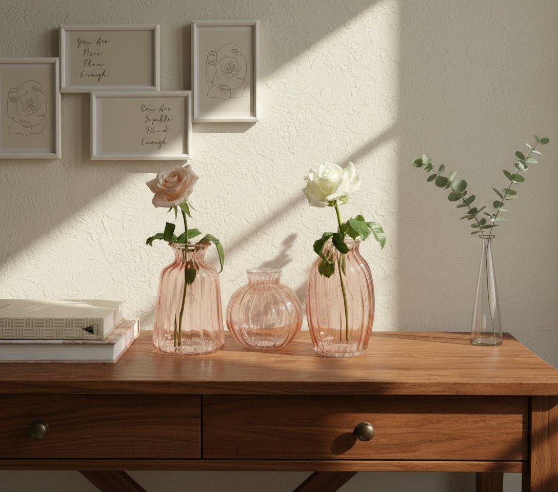 La Vie En Rose – Set of 3 Handmade Blown Glass Vases | Soft Pink Ribbed Bud Vases