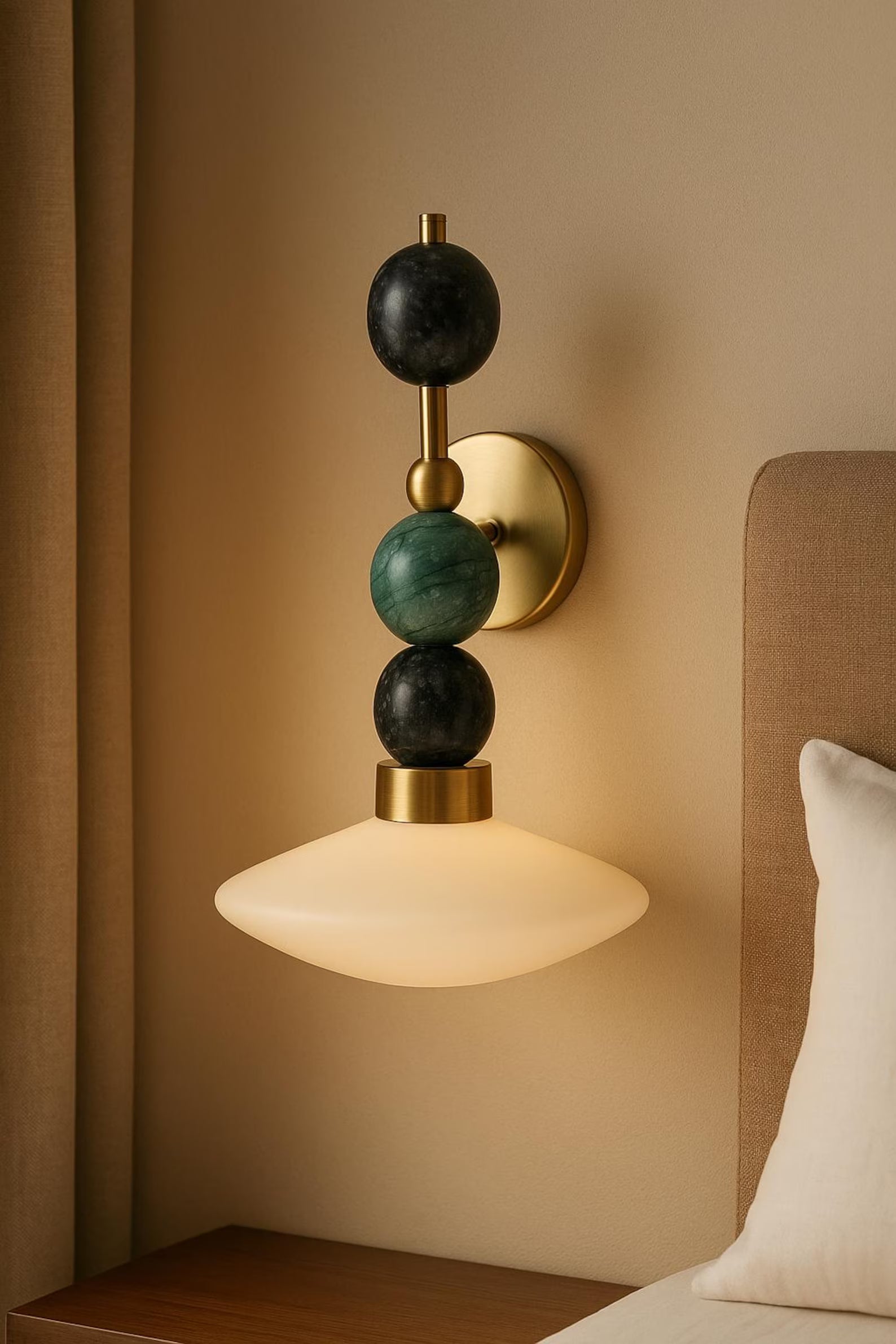 Wall-mounted lamp with decorative spheres on a beige wall next to a bed.
