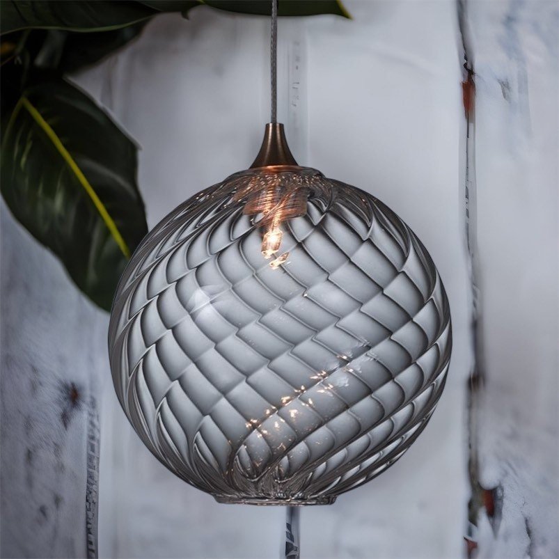 Light Fixture Round with Ripple and Swirl Ribbed Glass - Les Trois Pyramides