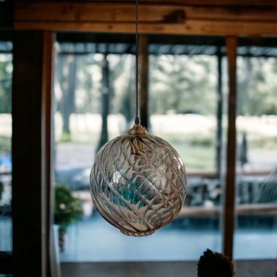 Light Fixture Round with Ripple and Swirl Ribbed Glass - Les Trois Pyramides