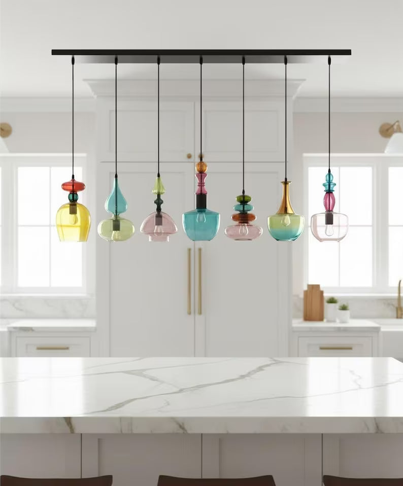Set of 7 light pendants with ceiling bar - Chandelier lighting Modern decor | Les Trois Pyramides