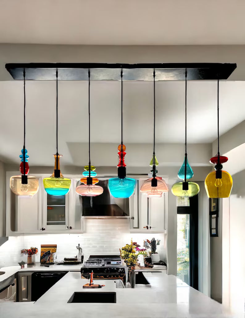 Set of 7 light pendants with ceiling bar - Chandelier lighting Modern decor | Les Trois Pyramides