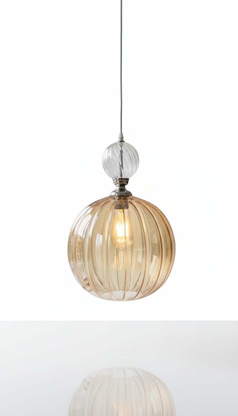 Lumière Globe – Hand-Blown Ribbed Glass Pendant Light with Brass Accents