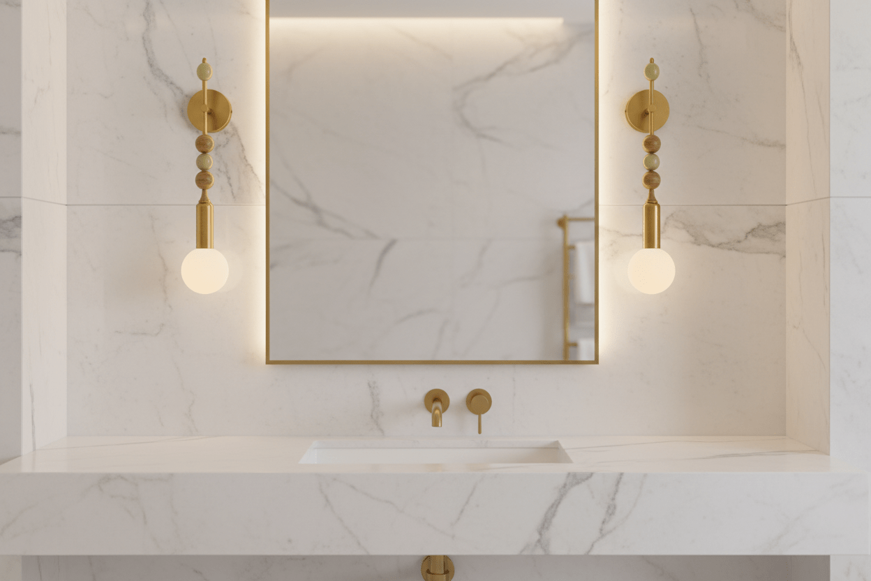 Luxury bathroom Brass Wall Sconce with Frosted Globe and Natural onyx Stone Accents