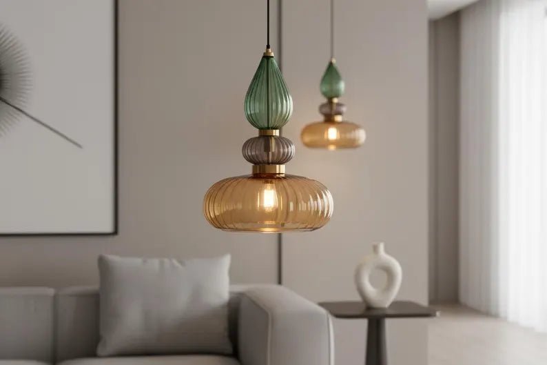 Luxury Hand Blown Glass Pendant Light | Modern Sculptural Hanging Lamp | Elegant Designer Lighting for Dining Room & Restaurant | Les Trois Pyramides
