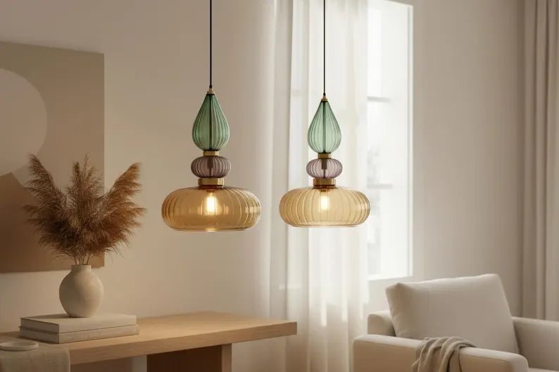 Luxury Hand Blown Glass Pendant Light | Modern Sculptural Hanging Lamp | Elegant Designer Lighting for Dining Room & Restaurant | Les Trois Pyramides