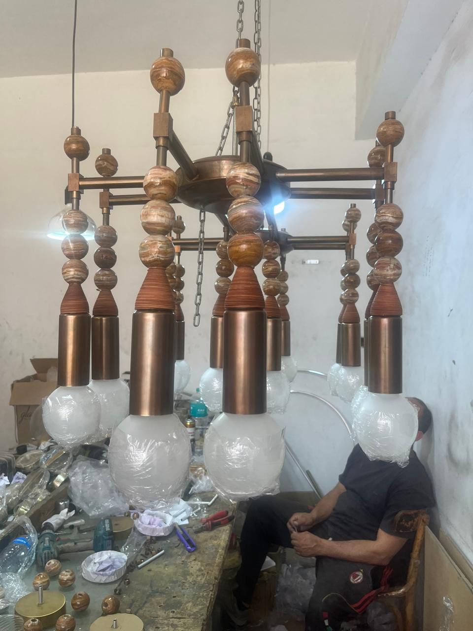 Luxury Jasper Desert Onyx Chandelier — Handmade Brass & Glass Multi Pendant Light - Les Trois Pyramides