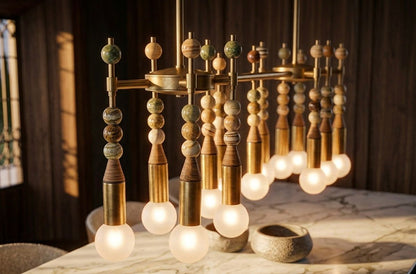 Luxury Jasper Desert Onyx Chandelier — Handmade Brass & Glass Multi Pendant Light - Les Trois Pyramides