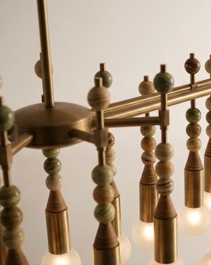 Luxury Jasper Desert Onyx Chandelier — Handmade Brass & Glass Multi Pendant Light - Les Trois Pyramides