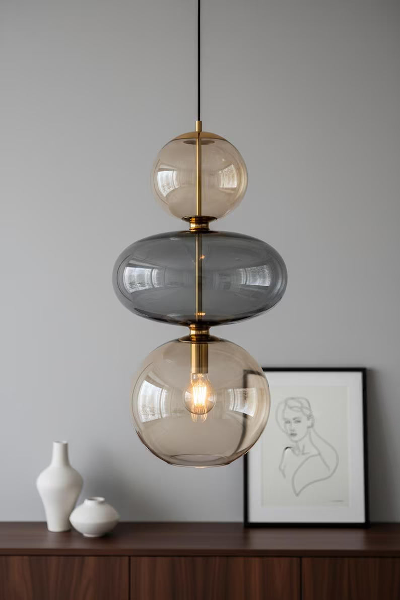 Modern Glass Pendant Light | Hanging Ceiling Lamp for Kitchen Island & Living Room | Designer Glass Light Fixture | Les Trois Pyramides