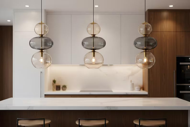 Modern Glass Pendant Light | Hanging Ceiling Lamp for Kitchen Island & Living Room | Designer Glass Light Fixture | Les Trois Pyramides