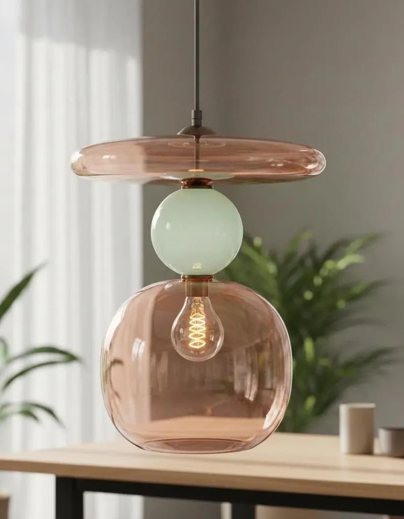 Pink Modern Glass Pendant Light | Hanging Ceiling Lamp for Kitchen Island & Living Room | Designer Glass Light Fixture | Les Trois Pyramides