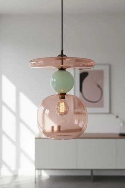 Pink Modern Glass Pendant Light | Hanging Ceiling Lamp for Kitchen Island & Living Room | Designer Glass Light Fixture | Les Trois Pyramides