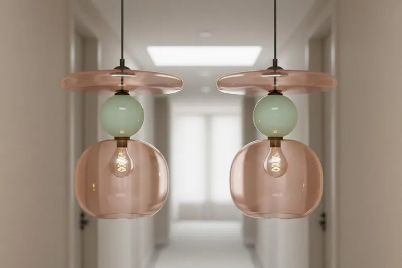 Pink Modern Glass Pendant Light | Hanging Ceiling Lamp for Kitchen Island & Living Room | Designer Glass Light Fixture | Les Trois Pyramides