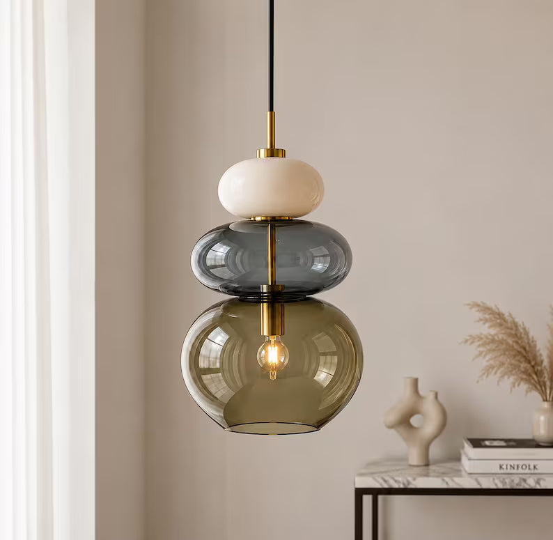 Modern Glass Pendant Light, Murano Style Hanging Lamp, Handmade Blown Glass Chandelier, Brass Kitchen Island Lighting | Les Trois Pyramides
