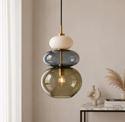 Modern Glass Pendant Light, Murano Style Hanging Lamp, Handmade Blown Glass Chandelier, Brass Kitchen Island Lighting | Les Trois Pyramides