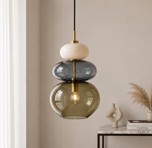 Modern Glass Pendant Light, Murano Style Hanging Lamp, Handmade Blown Glass Chandelier, Brass Kitchen Island Lighting | Les Trois Pyramides