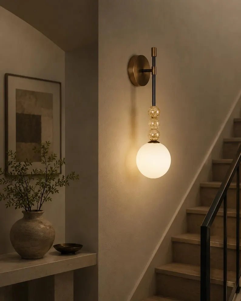 Modern Wall Sconce – Marble Wall Light – Brass Bathroom Vanity Light – Handmade Glass Wall Lamp – Bedside Lighting Fixture | Les Trois Pyramides