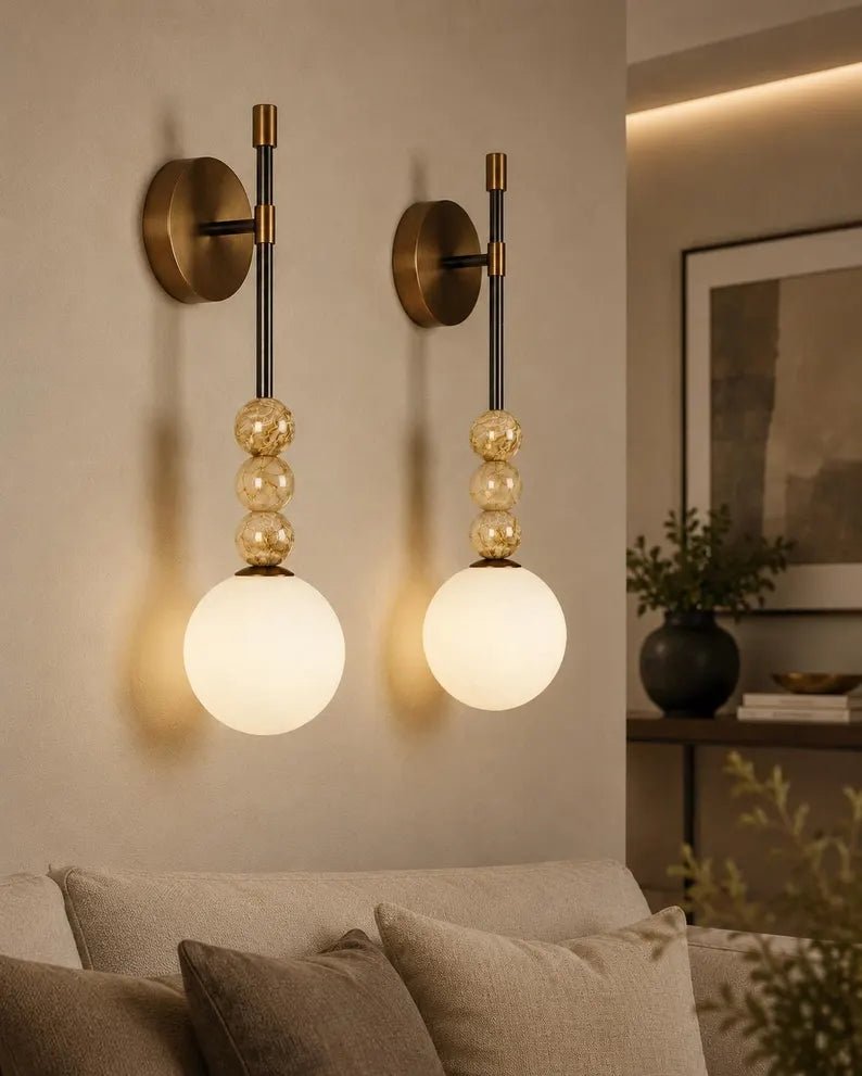 Modern Wall Sconce – Marble Wall Light – Brass Bathroom Vanity Light – Handmade Glass Wall Lamp – Bedside Lighting Fixture | Les Trois Pyramides