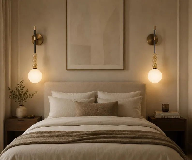 Modern Wall Sconce – Marble Wall Light – Brass Bathroom Vanity Light – Handmade Glass Wall Lamp – Bedside Lighting Fixture | Les Trois Pyramides