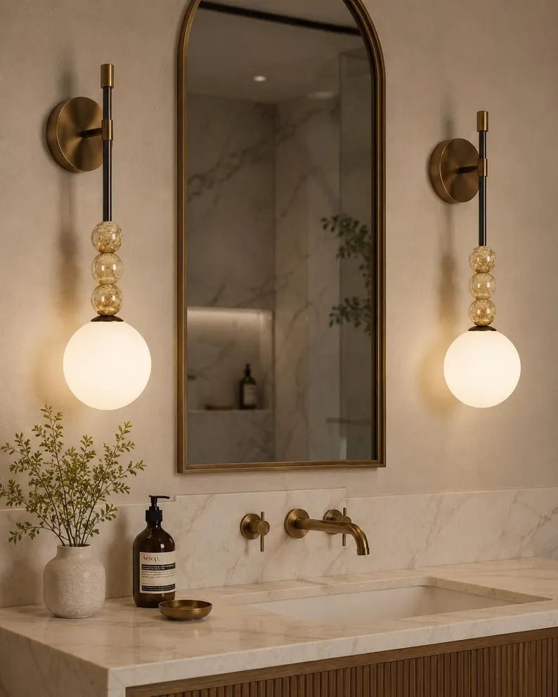 Modern Wall Sconce – Marble Wall Light – Brass Bathroom Vanity Light – Handmade Glass Wall Lamp – Bedside Lighting Fixture | Les Trois Pyramides