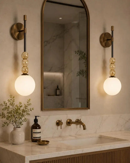 Modern Wall Sconce – Marble Wall Light – Brass Bathroom Vanity Light – Handmade Glass Wall Lamp – Bedside Lighting Fixture | Les Trois Pyramides