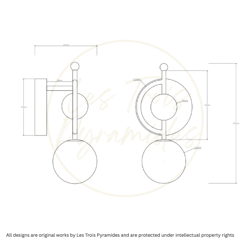 Technical drawing showing dimensions of marble wall sconce with frosted glass globe
