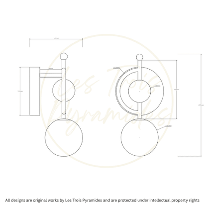 Technical drawing showing dimensions of marble wall sconce with frosted glass globe

