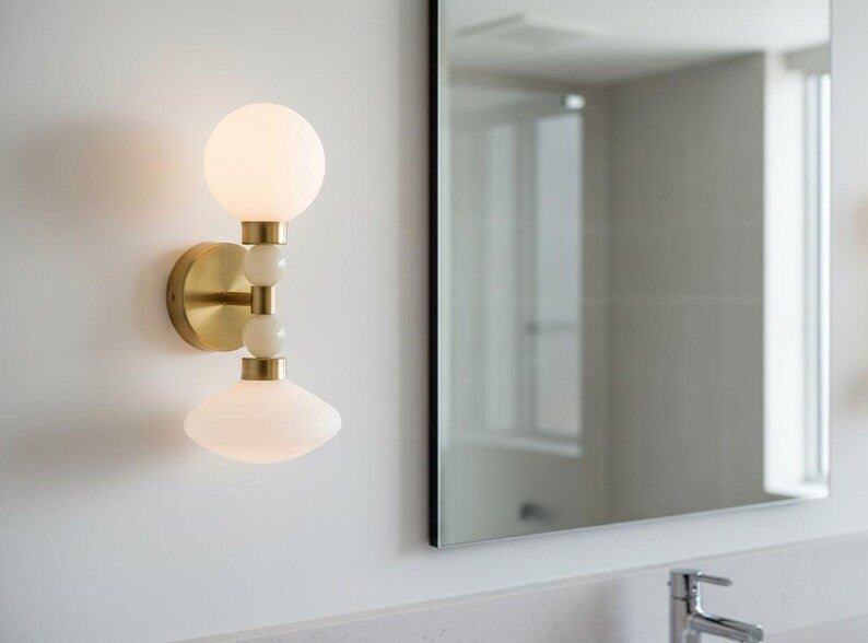 Milk Glass & Onyx Wall Sconce Brass Modern Bedside Light Double Globe Wall Lamp Mid Century Bathroom Vanity Light | Les Trois Pyramides