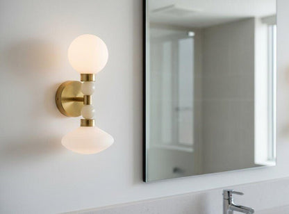 Milk Glass & Onyx Wall Sconce Brass Modern Bedside Light Double Globe Wall Lamp Mid Century Bathroom Vanity Light | Les Trois Pyramides
