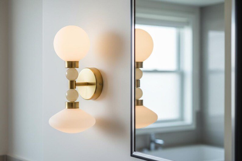 Milk Glass & Onyx Wall Sconce Brass Modern Bedside Light Double Globe Wall Lamp Mid Century Bathroom Vanity Light | Les Trois Pyramides