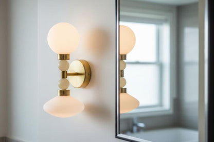 Milk Glass & Onyx Wall Sconce Brass Modern Bedside Light Double Globe Wall Lamp Mid Century Bathroom Vanity Light | Les Trois Pyramides