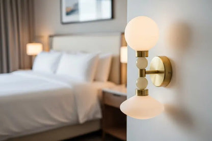 Milk Glass & Onyx Wall Sconce Brass Modern Bedside Light Double Globe Wall Lamp Mid Century Bathroom Vanity Light | Les Trois Pyramides