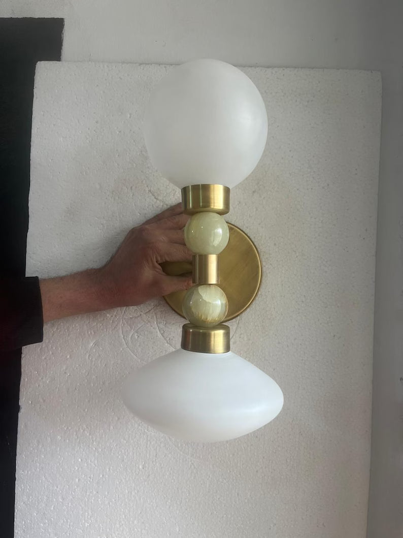 Milk Glass & Onyx Wall Sconce Brass Modern Bedside Light Double Globe Wall Lamp Mid Century Bathroom Vanity Light | Les Trois Pyramides