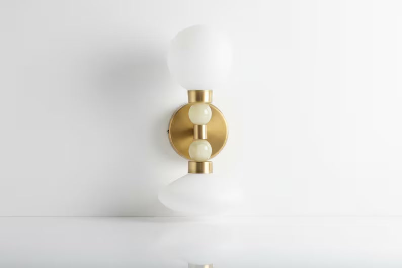 Milk Glass & Onyx Wall Sconce Brass Modern Bedside Light Double Globe Wall Lamp Mid Century Bathroom Vanity Light | Les Trois Pyramides