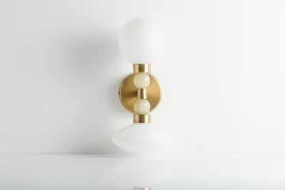 Milk Glass & Onyx Wall Sconce Brass Modern Bedside Light Double Globe Wall Lamp Mid Century Bathroom Vanity Light | Les Trois Pyramides