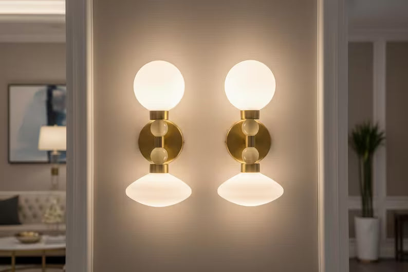 Milk Glass & Onyx Wall Sconce Brass Modern Bedside Light Double Globe Wall Lamp Mid Century Bathroom Vanity Light | Les Trois Pyramides
