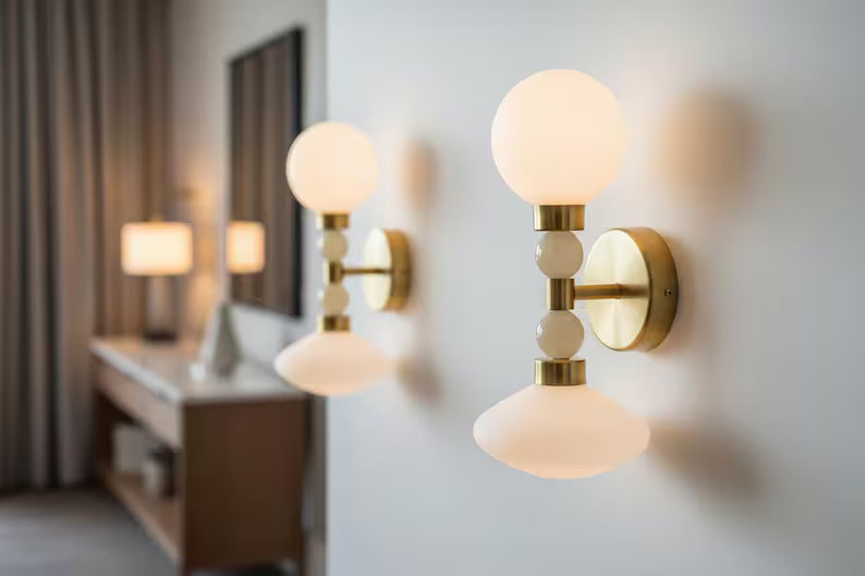 Milk Glass & Onyx Wall Sconce Brass Modern Bedside Light Double Globe Wall Lamp Mid Century Bathroom Vanity Light | Les Trois Pyramides