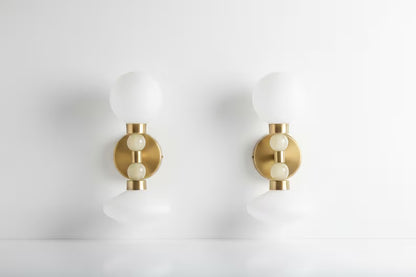 Milk Glass & Onyx Wall Sconce Brass Modern Bedside Light Double Globe Wall Lamp Mid Century Bathroom Vanity Light | Les Trois Pyramides