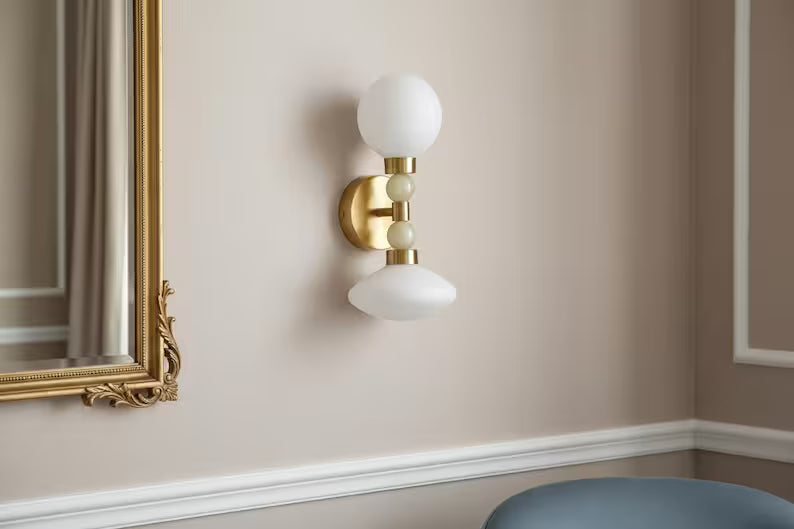 Milk Glass & Onyx Wall Sconce Brass Modern Bedside Light Double Globe Wall Lamp Mid Century Bathroom Vanity Light | Les Trois Pyramides