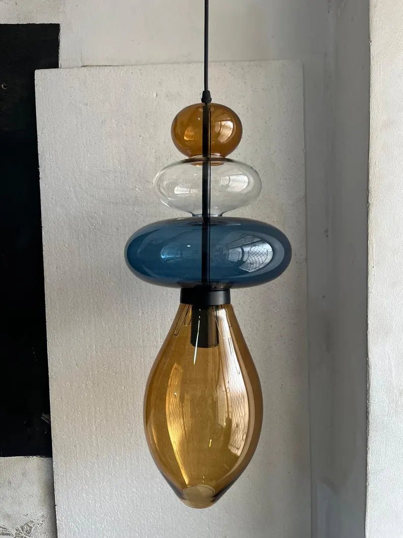 Glass Pendant Light, Modern Hanging Light, Blown Glass Ceiling Lamp, Bedside Pendant, Kitchen Island Lighting | Les Trois Pyramides