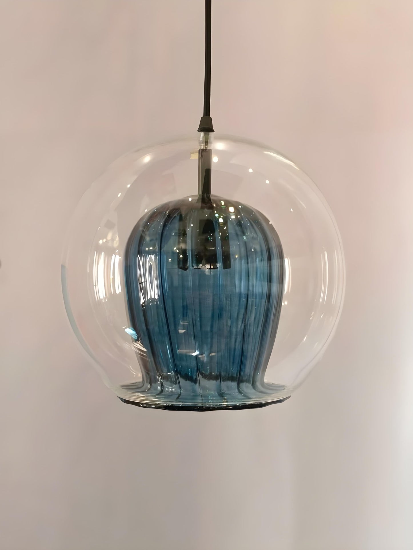 Modern Blown Glass Pendant Light – Smoky Grey Dome with Ribbed Design